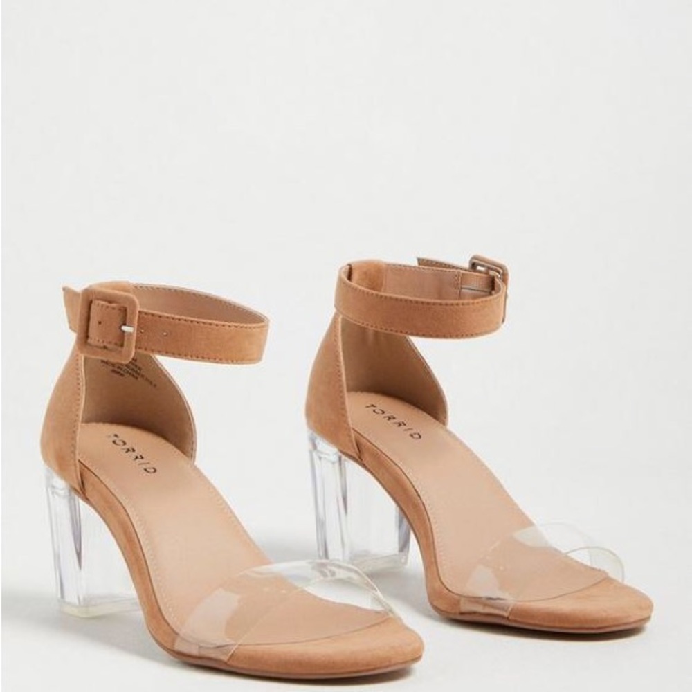 torrid Tan Suede Translucent Ankle Strap Sandals with Clear Block Heel 9WW